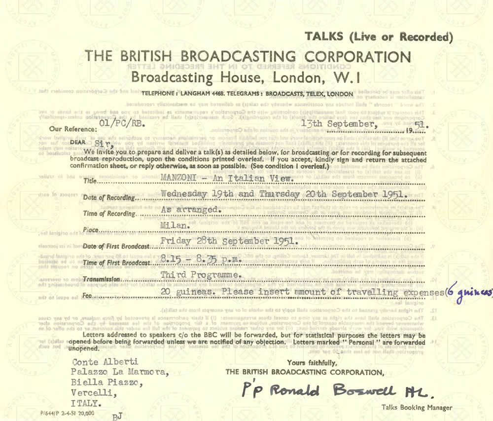 Contratto della BBC ad Alberti per conferenza radiofonica su Manzoni, 1951,